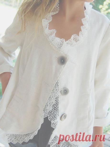 Upcycled Clothing Linen Jacket Blazer Sale White MEDIUM Of Linen and Lace…