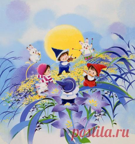 動物イラスト　月夜の演奏会。５人の妖精と虫たち