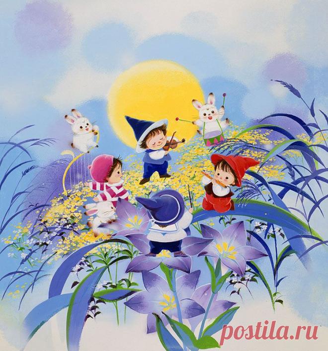 動物イラスト　月夜の演奏会。５人の妖精と虫たち