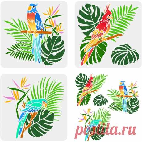 Plantilla de plástico para loro, pintura con patrón de flores de hoja de palma, loro, guacamayo, vida silvestre, 3 piezas, 11,8x11,8 pulgadas - AliExpress
