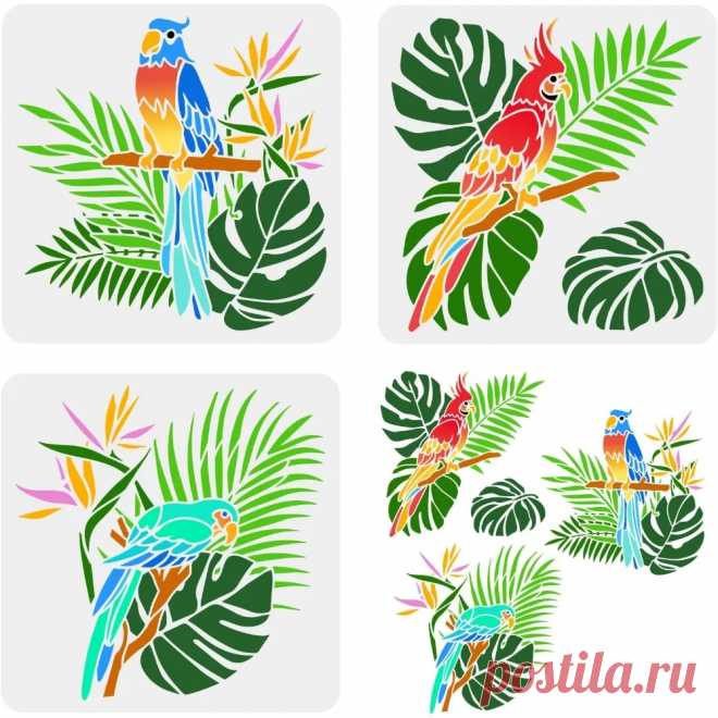 Plantilla de plástico para loro, pintura con patrón de flores de hoja de palma, loro, guacamayo, vida silvestre, 3 piezas, 11,8x11,8 pulgadas - AliExpress