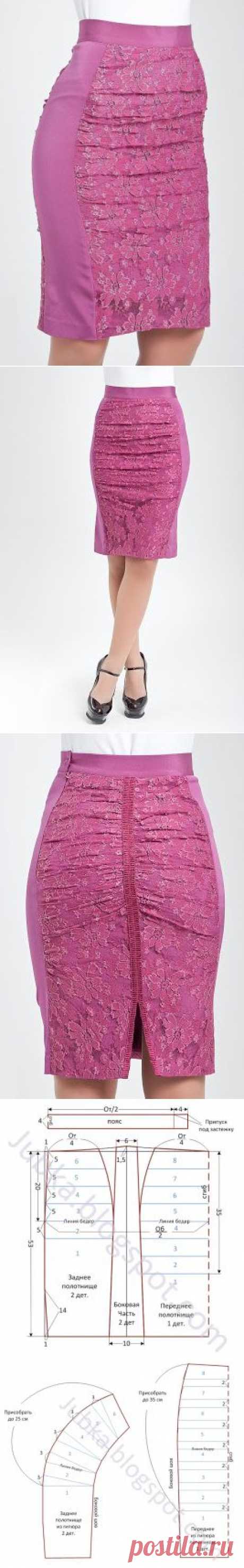 Юбка карандаш с ажурными вставками
 Юбка карандаш облегающая фигуру, заужена книзу, застегивается с боку на потайную молнию и пуговицу на поясе. Изюминка - декорирована изящным кружевом и дополнена небольшим разрезом сзади.
Рекомендации по выбору ткани: бархат, атлас, натуральный шелк с эластаном и гипюр.