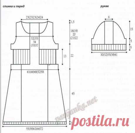 Платье

Размеры: 34-36 (38-40) 42-44 (46-48) 50-52

Нитки SOFTINE (50 г. / 150 м.) цвет Lilas 7 - 7 - 8 - 9 - 10 клубков

Состав: 80 % акрил, 20 % polyamide

Материалы:

Спицы № 3,5 и 4,5.

Образцы:

20 п. и 30 р., вязать ЛИЦ. ГЛАДЬЮ, нитки SOFTINE, спицы № 4,5 = 10 см.

Нагрудник 58 п., КОСА и ИЗН. ГЛАДЬ = 21 см шириной.

Вязки:

* ....*: повторять от * до *
Резинка 2 х 2, спицы № 3,5
Лиц. гладь и изн. гладь, спицы № 4,5
Коса 1, спицы № 4,5: на 6 п. и 4 р.
Р. 1: (ЛИЦ. сто...