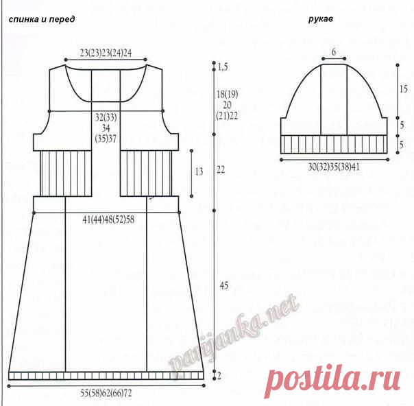 Платье

Размеры: 34-36 (38-40) 42-44 (46-48) 50-52

Нитки SOFTINE (50 г. / 150 м.) цвет Lilas 7 - 7 - 8 - 9 - 10 клубков

Состав: 80 % акрил, 20 % polyamide

Материалы:

Спицы № 3,5 и 4,5.

Образцы:

20 п. и 30 р., вязать ЛИЦ. ГЛАДЬЮ, нитки SOFTINE, спицы № 4,5 = 10 см.

Нагрудник 58 п., КОСА и ИЗН. ГЛАДЬ = 21 см шириной.

Вязки:

* ....*: повторять от * до *
Резинка 2 х 2, спицы № 3,5
Лиц. гладь и изн. гладь, спицы № 4,5
Коса 1, спицы № 4,5: на 6 п. и 4 р.
Р. 1: (ЛИЦ. сто...