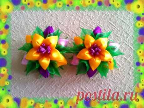 Заколочки канзаши "Веселые бутончики"/Kanzashi/DIY/Tutorial