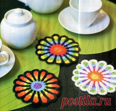 Подставки под горячее &quot;Радужные цветочки&quot; | Вязание крючком, схемы вязания, бесплатное вязание крючком