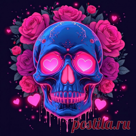 Неоновый череп любви: цифровое искусство в розово-голубых тонах. Нейронная сеть Flux Ai - Flux.1 примеры промтов - Форум ИИ о нейросетях - Yes Ai