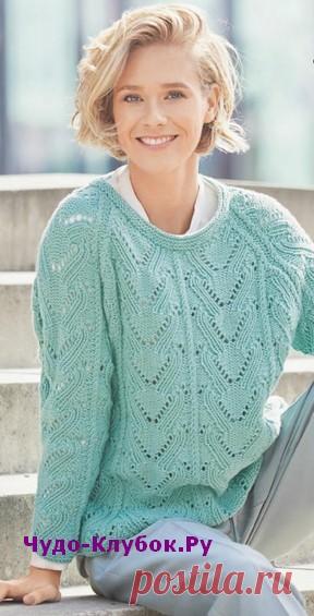 Ажурный пуловер мятного цвета вязаный спицами 1822 |
