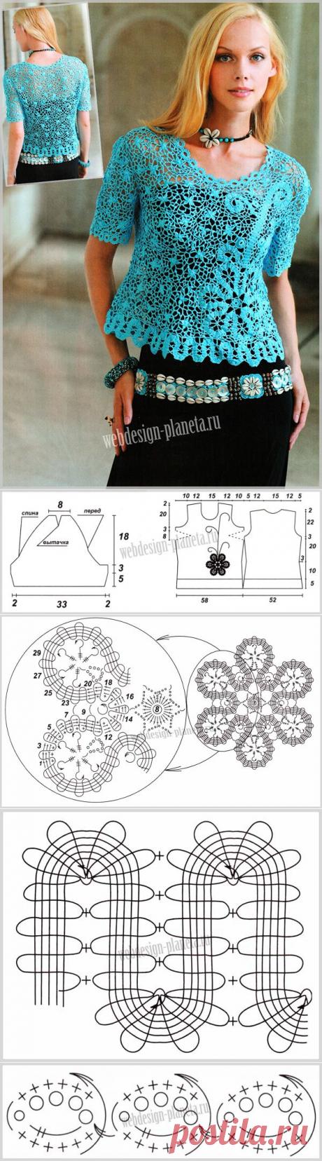 Голубой женский топ крючком | Вязание спицами, вязание крючком | Мир увлечений современной женщины.