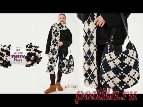 Шарф и сумка с ромбовидным узором с Alize Puffy More
