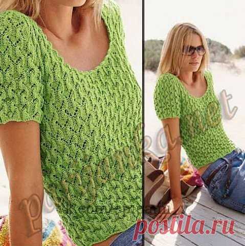 Пуловер с короткими рукавами

Размеры 1-2-3-4

Материалы

Нитки COTON FIFTY (50 г. / 140 м.) (50 % хлопок, 50 % акрил) цвет Pistache = 6-7-7-8 мотков, спицы № 3, крючок № 3.

Вязки

Ажурный узор, спицы № 3. Число п. делимое на12 + 3.

1-ый р. (лиц. сторона работы): * 3 изн. п., 9лиц. п. *, повторять от * до *, заканчивать 3изн. п.

2-ой р. и каждый четный р.: вязать так как п. смотрят (накиды изн.)

3-ий р.: * 3 изн. п., 1 простая протяжка, 2 лиц. п.,1 накид, 1 лиц. п., 1 ...