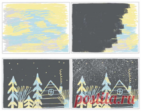 Дайте ребенку черную плотную бумагу и белые или желтые восковые мелки. Получатся красивые абстрактные рисунки на черном фоне, их можно повесить на холодильник или превратить в открытки.