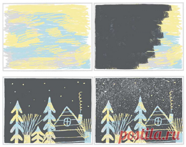 Дайте ребенку черную плотную бумагу и белые или желтые восковые мелки. Получатся красивые абстрактные рисунки на черном фоне, их можно повесить на холодильник или превратить в открытки.