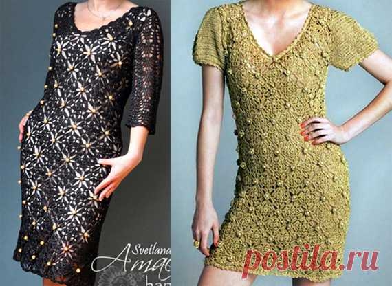 платье выполнено из мотивов, украшено маленькими вязаными цветочками с бусинами.