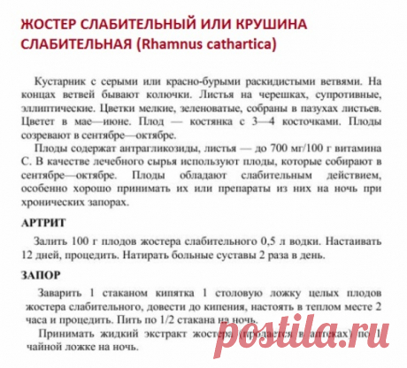 Крушина слабительная или жостер слабительный.
Травник. Золотые рецепты народной медицины. Универсальный справочник. Москва 2007.