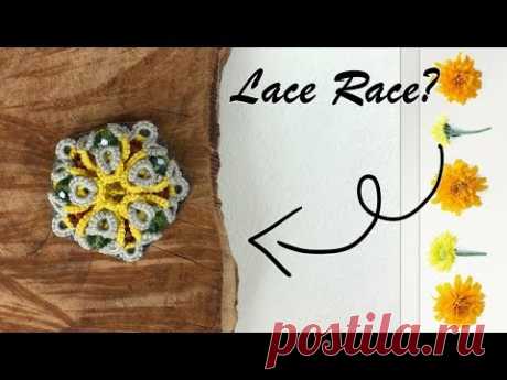 Needle tatting. Lace race. Brooch with crystals / Фриволите иглой. Кружевной бой. Брошь с бусинами