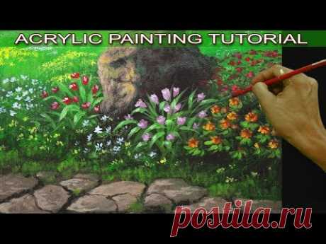 Acrylic Painting Tutorial on How to Paint Flower Garden with a Pathway and Big Rock Easy and Basic