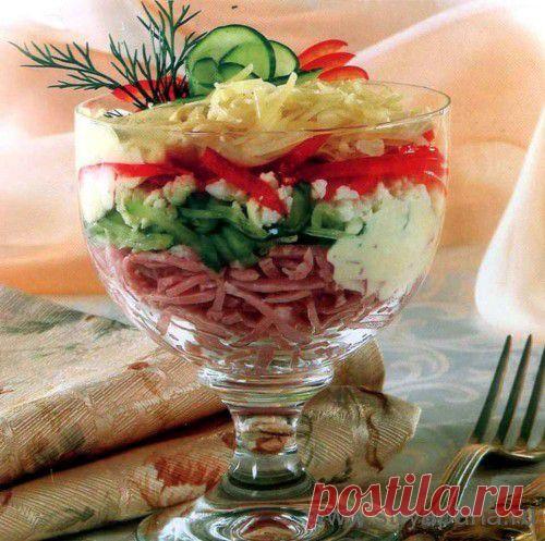 Рецепт   Салат-коктейль с ветчиной и сыром .на 4 порции
ветчина 100 г, сыр 100 г, вареные яйца 2 шт., огурец 1 шт., сладкий перец 1 шт., майонез 1/2стакана, зелень укропа