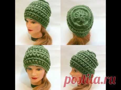 Шапка крючком с интересной макушкой.Crochet cap