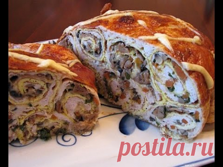 Курица фаршированная яичными блинчиками, грибами и сыром - YouTube