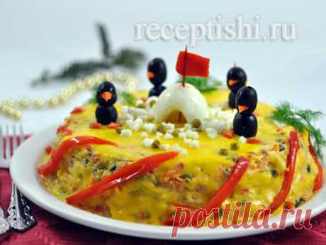 РУМЫНСКИЙ МЯСНОЙ !!!  **Или Пингвины на льдине. *Кура или мясо, болг/крас/перец 2шт, яйцо 3шт, картофель 4шт, морковь 4шт, мар/огурец 0.5ст - всё кубиком, зел/горошек 1б, специи. *Соус -заправка: майонез 1ст, горчица 4сл, лим/сок 1сл, соль. *Декор: соус, маслины, зелень.