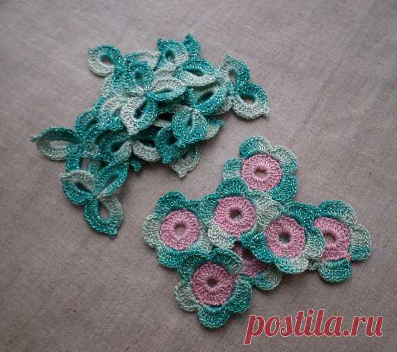 Irish crochet, set of 21 crochet motifs, flower leaf shamrocks applique, Irish crochet flower applique, crochet decor. Irish crochet, set of 21 crochet motifs, flower leaf shamrocks applique, Irish crochet flower applique, crochet decor.  The set of crochet shamrock and flower motifs is made of high quality cotton thread with lurex. 8 of shamrocks are joined to each other in pairs. You can use them