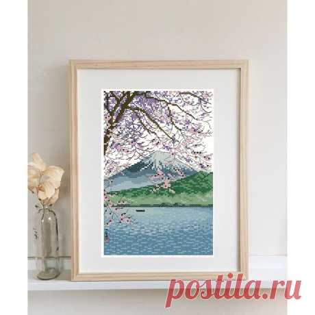 Japanese Wall Art, Finished Cross Stitch Fuji Embroidery Art Sacura Print, Gift - Shop RomanovaCrossStitch Wall Décor - Pinkoi
