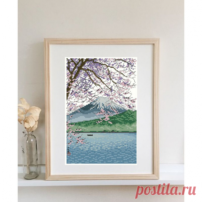 Japanese Wall Art, Finished Cross Stitch Fuji Embroidery Art Sacura Print, Gift - Shop RomanovaCrossStitch Wall Décor - Pinkoi