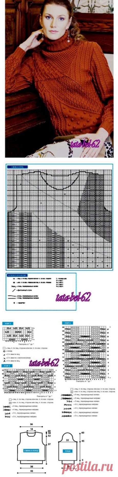 Свитер спицами миксом узоров