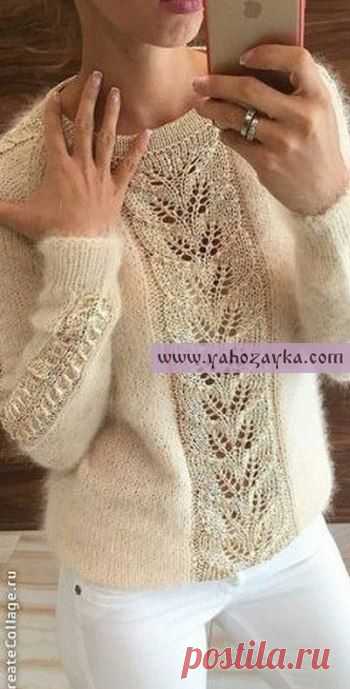 Пуловер из мохера с красивым узором по центру. Женский пуловер из мохера с красивым узором