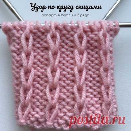 Узор имеет две интерпретации. Первую я исполнила, во второй изнаночные петли меняются на лицевые - получается тоже очень красиво Вяжется только по кругу.

Рапорт узора 4 петли и 3 ряда в высоту. Для образца я набрала 33 петли: 32 петли на 8 рапортов + 1 петля для соединения вязания в круг. Узор следует начать вязать со второго ряда.

1 ряд: 3п. изнаночными, 1п. провязать лицевой с двумя накидами внутри.

2 ряд: 3п. изнаночными, 1п. переносим нить за работой( при этом распу...