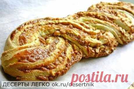 Творожная плетенка с арахисом 
 
Ингредиенты:
-230 грамм муки + дополнительно на подсыпку; 
-150 грамм творога; 
-80 грамм сахарного песка; 
-30 грамм сливочного масла; 
-1/4 стакана растительного масла (рафинированного); 
-2 яйца; 
-1,5 чайные ложки разрыхлителя; 
-1/5 чайной ложечки ванилина; 
-чуть больше 1/2 баночки вареной сгущенки; 
-арахис. 
 
Приготовление: 
1. Растопленное (или комнатной температуры) сливочное масло соедините с творогом, разотрите в блендере в пло...