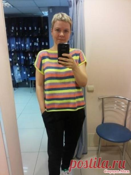 Топ "Полосатик", избавляюсь от остатков пряжи, кто хочет прибегайте, будем вязать вместе (спицы) Очень нравится мне вязать полосатиков, начала дубль 2, первый был просто гладью, а этот павлинчиком, и 5 цветов, в первом было 4, ниточки коттон вэби софт и коттон голд от ализе, по моточку хватит