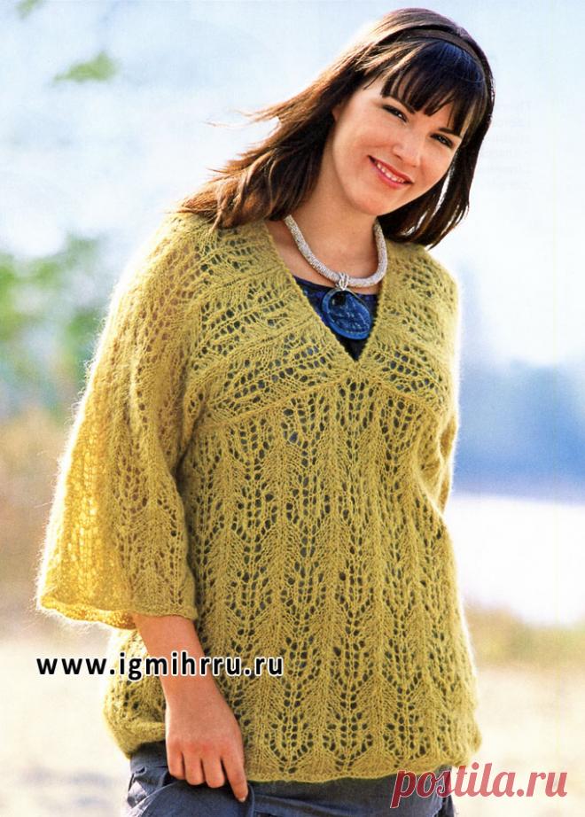 Для пышных дам. Теплый мохеровый пуловер из воздушных ажурных мотивов. Спицы