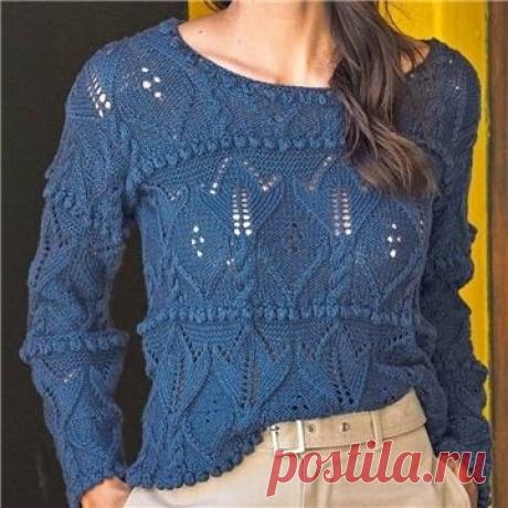 ПУЛОВЕР С ШИШЕЧКАМИ
#спицы #вязаный_пуловер #вязаный_джемпер #вязаный_узор #узор_спицами

ВАМ ПОТРЕБУЕТСЯ
Пряжа (50% хлопка, 50% полиэстера; 90 м/50 г) — 450 (550) г темно-синей; спицы №4; круговые спицы №4.

АЖУРНЫЙ УЗОР С «ШИШЕЧКАМИ»

Число петель кратно 22 + 16 + 2 кромочные = вязать согл. схеме. На ней даны лицевые ряды.

В изнаночных рядах петли провязывать по рисунку или согл. инструкции, петли «шишечек» провязывать изнаночными, накиды провязывать согл. инструкции.
Н...