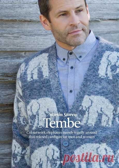 Вязание для мужчин кардигана Tembe, The Knitter 67 Величественные слоны в центре внимания на этом мужском кардигане от Мартина Стори. Вязание для мужчин кардигана выполняется комбинацией жаккардового вязания (с протягиванием нитей по изнаночной стороне работы) и техники Интарсия.