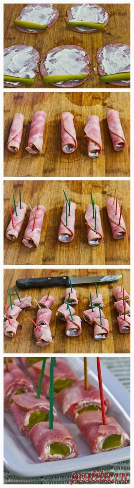 Быстрый способ приготовления роллов из колбасы для фуршетного стола.