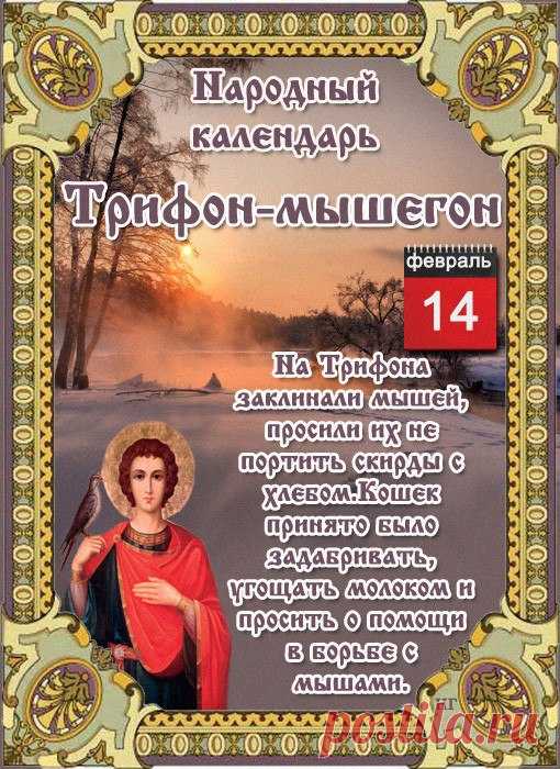 НАРОДНЫЕ ПРИМЕТЫ НА 14 ФЕВРАЛЯ   

1. Если в амбаре завелись мыши и насекомые, следует помолиться в этот день святому Трифону, и досадная напасть вскоре исчезнет.

2. Даже птицы 14 февраля находят себе пару. Поэтому посмотрите в небо и постарайтесь найти там пару птичек. Какими они будут – такой и суждена стать ваша вторая половинка. Если это синички – ваш суженый будет веселым, молодым и добрым. Если вороны – напротив, в возрасте и строгий, если сороки – болтливый и легко...