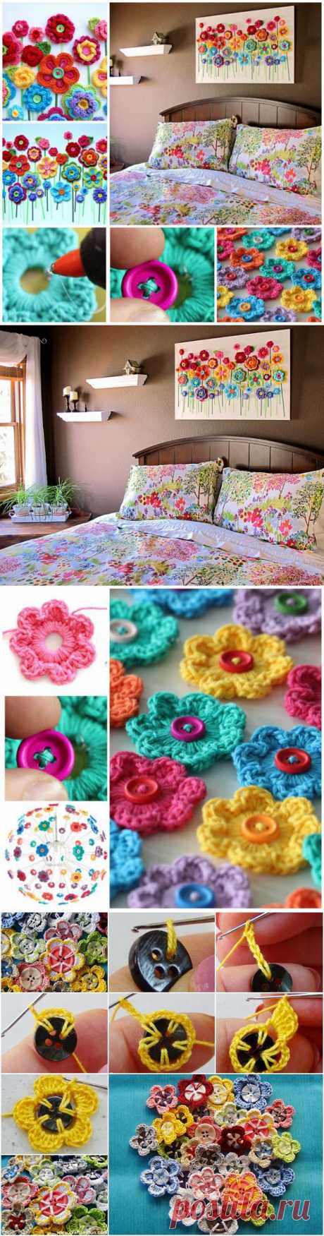 Как DIY крючком Кнопка цветок расцветает Wall Art | www.FabArtDIY.com