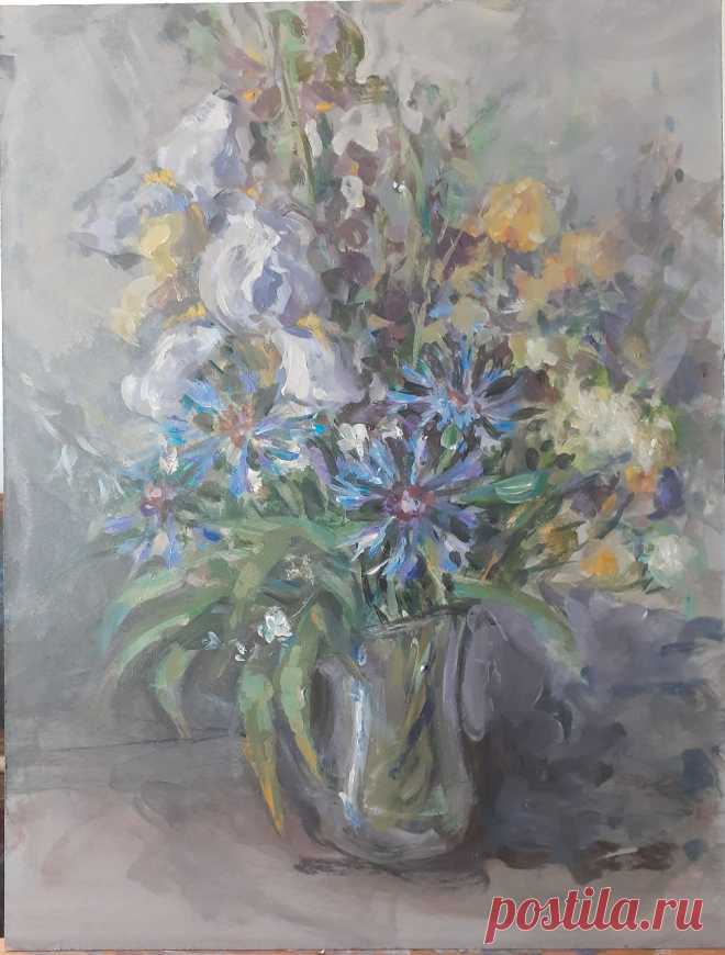 С сиреневыми ирисами и васильками.
Акрил, оргалит. 55х42 см. 2020 г