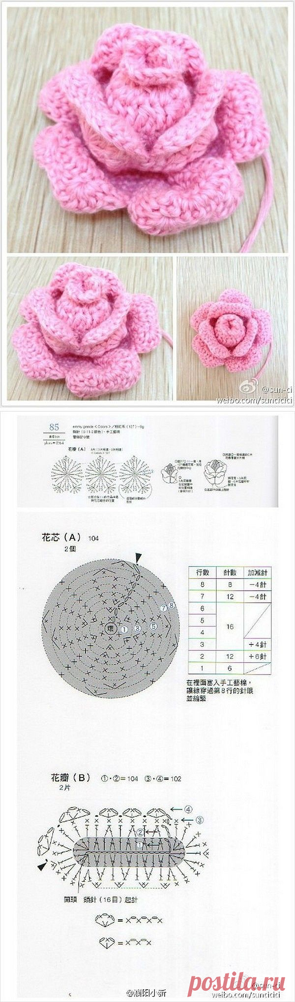 Crochet pink rose with diagram, what you see here is what you get.