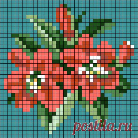 a cross - stitch pattern with red flowers and green leaves on a blue background in the style of pixelism