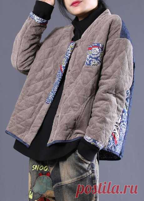 women plus size Jackets overcoat gray patchwork blue stand collar park – SooLinen