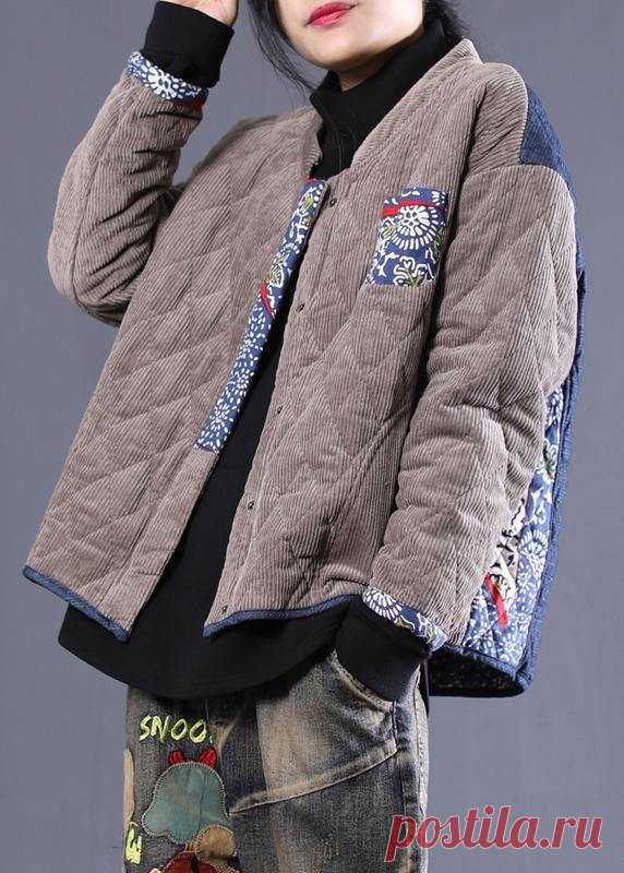 women plus size Jackets overcoat gray patchwork blue stand collar park – SooLinen