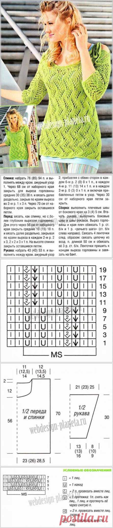 Ажурный женский пуловер спицами.

Размеры пуловера: 36-38 (42-44) 46-48.

Для вязания женского пуловера спицами нам понадобится:

пряжа Eco Aran (в 50 граммах 75 метров, чистый хлопок) — 550 гр. (600 гр.) 650 гр. светло-зеленого цвета;
спицы номер 5;
крючок для обвязки номер 4,5.