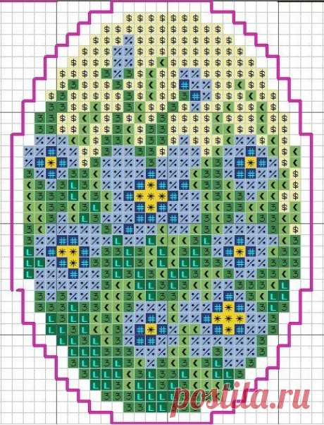 a cross stitch pattern with blue and yellow flowers in the center on a white background