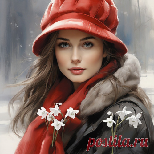 Мои работы в нейросети. Девушка с подснежниками.