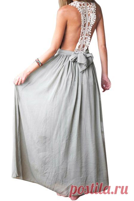 Back Lace Splicing Ruffle Maxi Dress GRAY: Maxi Dresses | ZAFUL