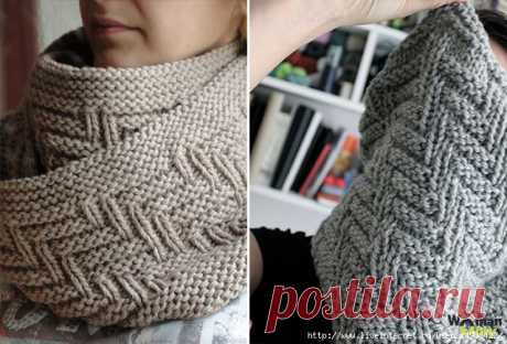 Шарф-труба «Рыбий скелет» спицами.