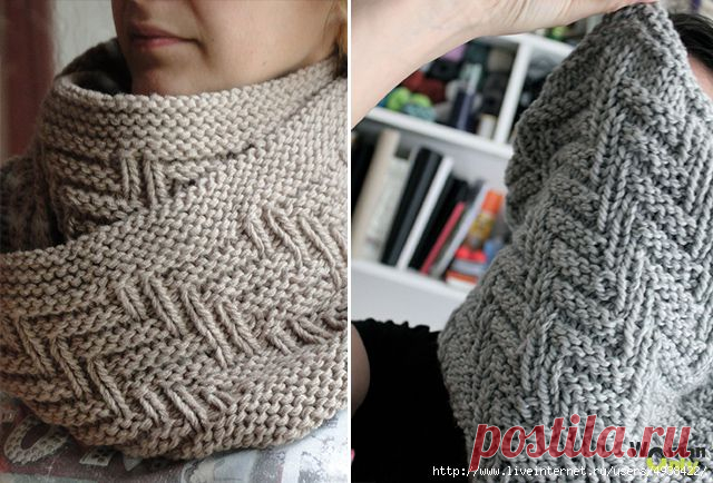 Шарф-труба «Рыбий скелет» спицами.